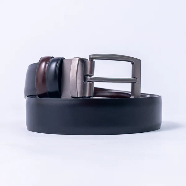 Black & Chocolate Brown Imported Reversible Belt | Double-Sided Matt Finish Strap with Elegant Metal Buckle