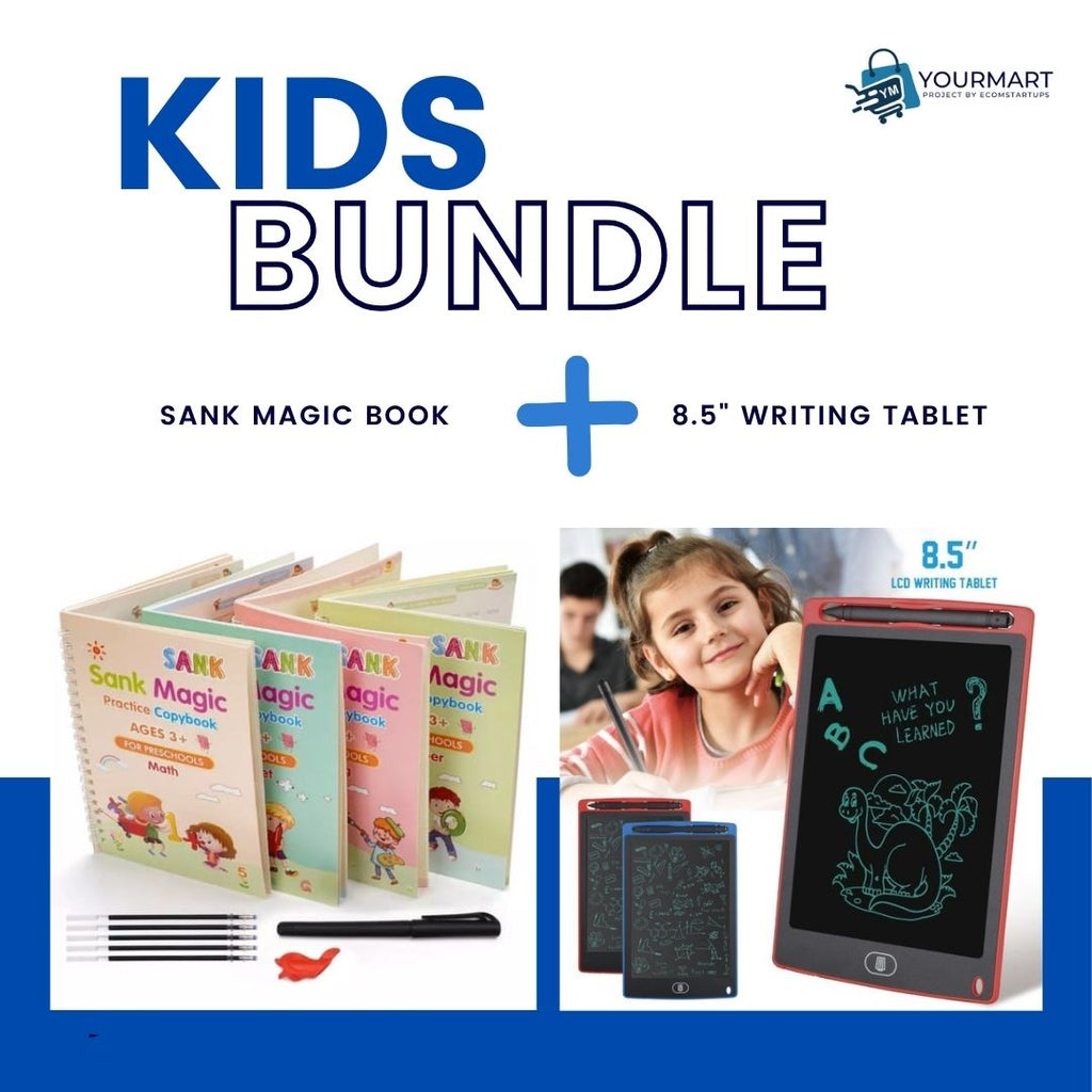 8.5 Inch Multi-Color LCD Writing Tablet + 4-in-1 Sank Magic Book Practice Set | Kids Learning & Drawing Combo | Random Colors