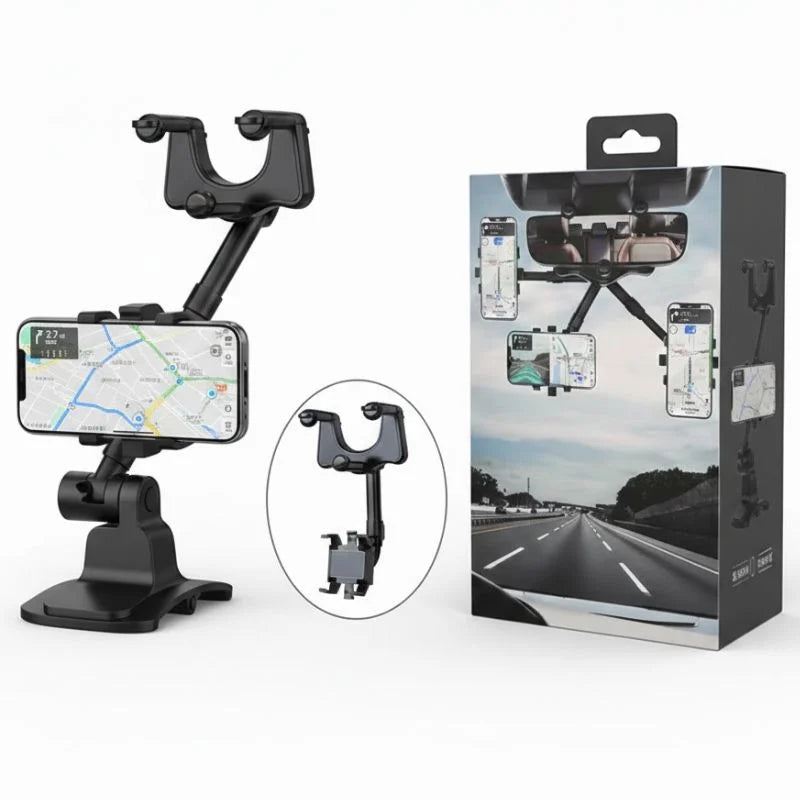 360° Rotatable & Retractable Rearview Mirror Phone Holder | Safe & Convenient Driving Mount