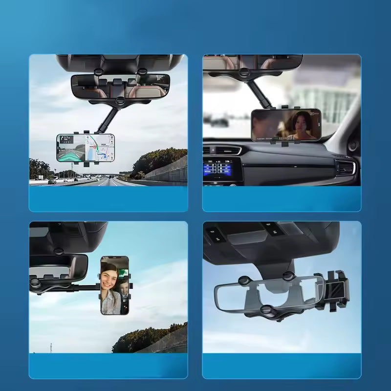 360° Rotatable & Retractable Rearview Mirror Phone Holder | Safe & Convenient Driving Mount